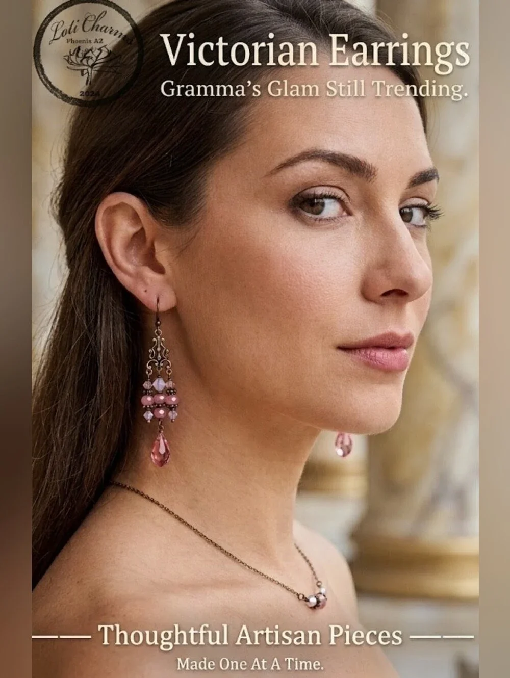 FIESTA Pink Glass & Crystal In Artisan Antique Bronze Victorian Style Earrings